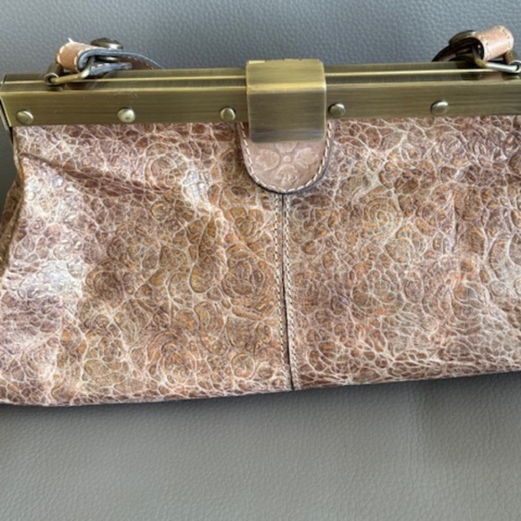 PATRICIA NASH Ferrara-Frame med. sz satchel purse Italian leather taupe gold - Picture 3 of 16